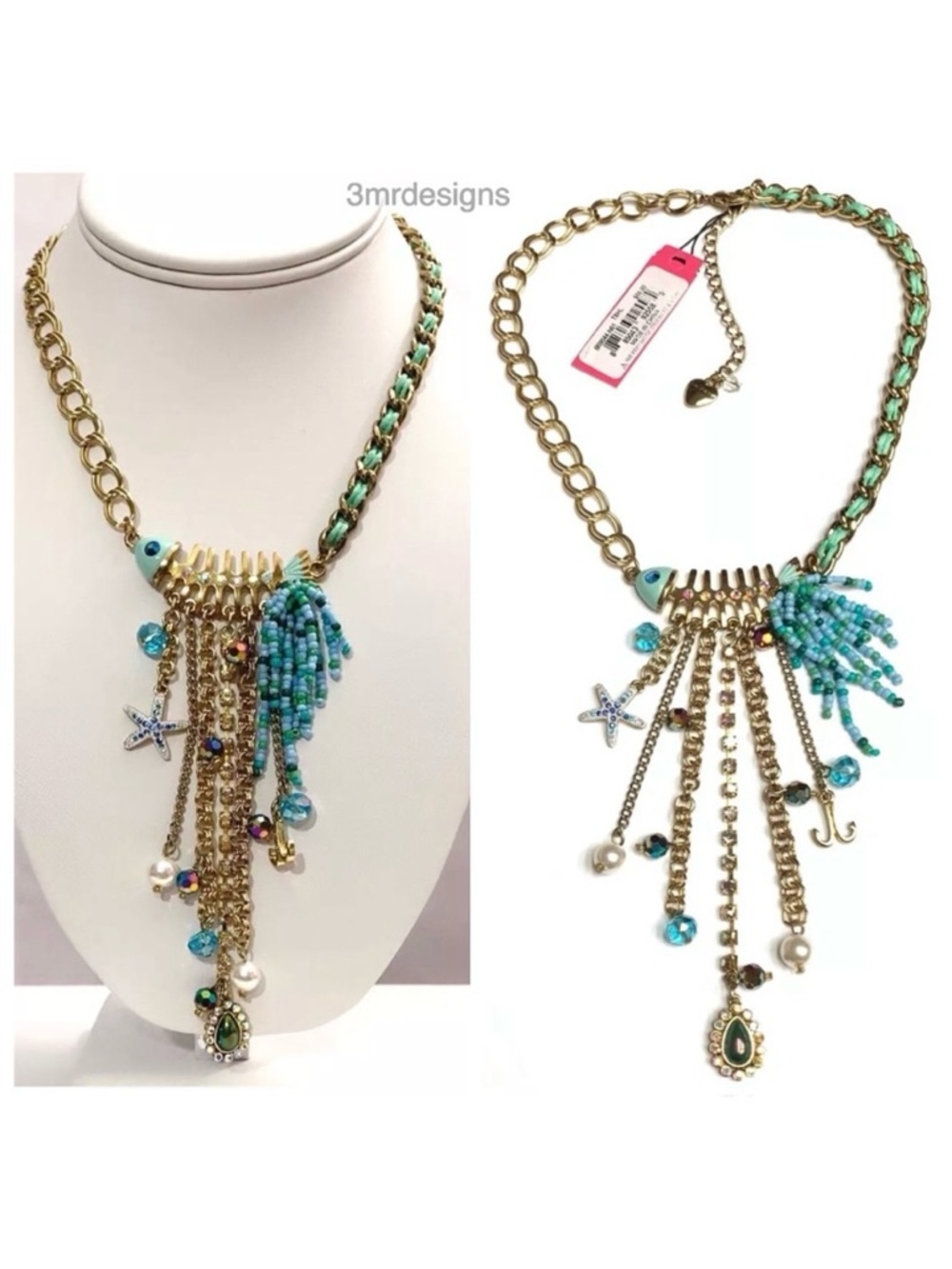 NWT Betsey J.💋SHELL SHOCKED Collection Gold Tone Embellished Fish Bone Necklace